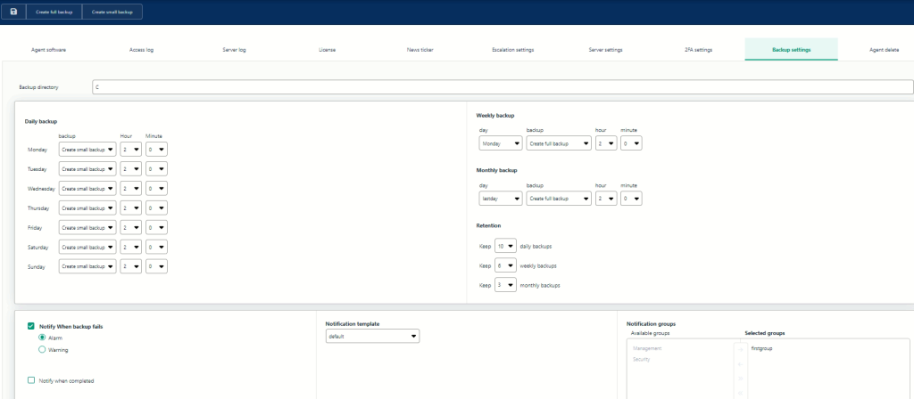 Admin Backup Settings